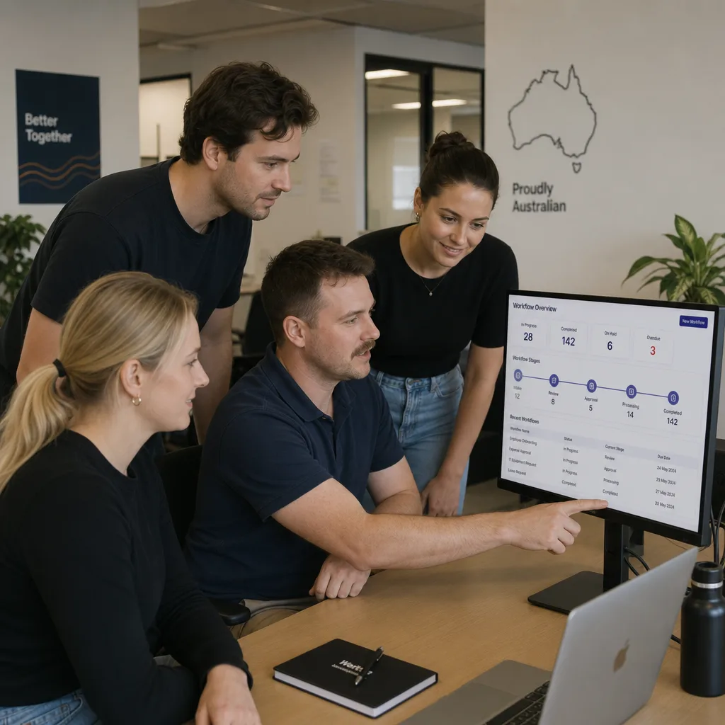 Australian team reviewing a workflow dashboard in a modern office